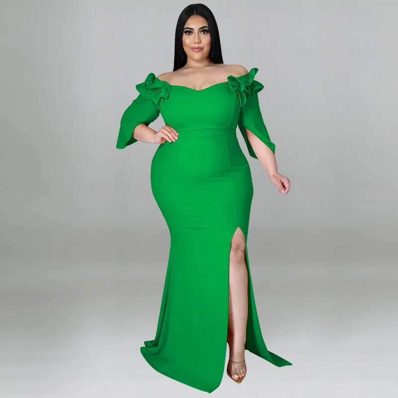 Plus Size Split Elegant Dress Female Ruffle Sleeve Dinner Prom Women Solid Long Robe Fashion Large Size Evening Luxury Dress