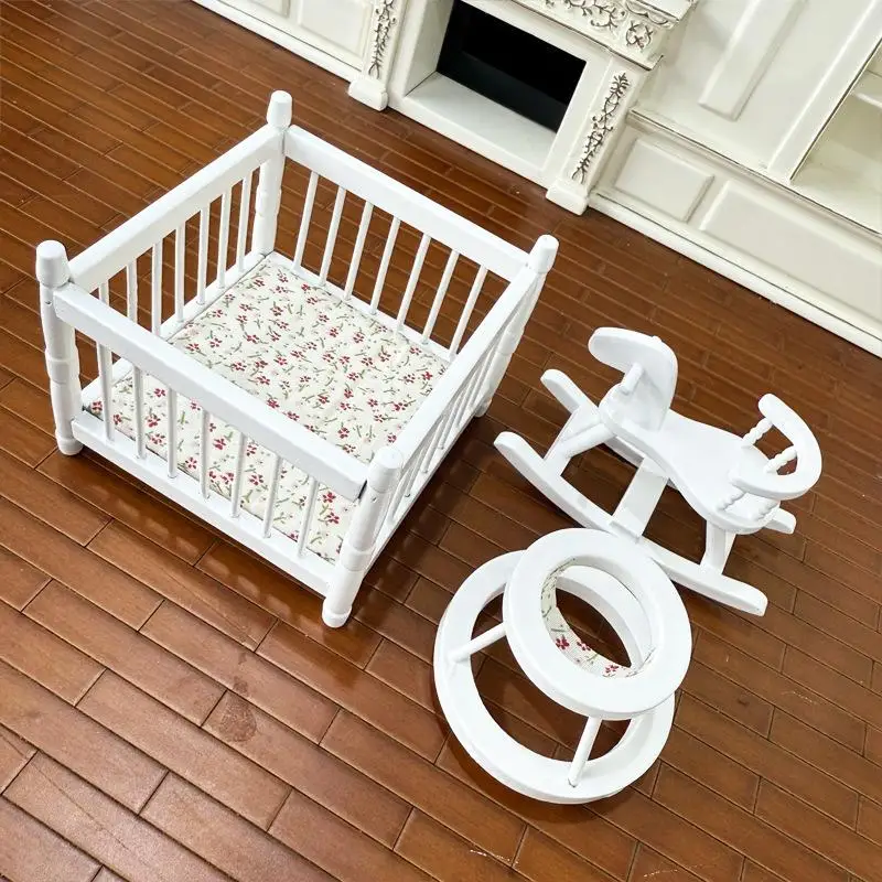 1:12 Dollhouse Miniatures Playpen Children Bed Trojan Horse Baby Walker 3-piece Set Model Doll House Decor Pretend Play Toys DIY
