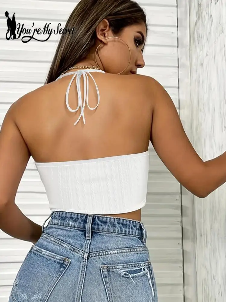 [You're My Secret] Summer Women's Backless Vest Printed Spicy Girl White Tank Top Crop Tops Suspender New Fashion Sexy Tops