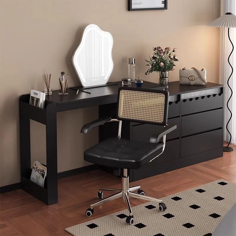 Vintage Rattan Office Chair PU Leather Seat 360° Swivel Height Adjustable Chrome Base Rolling Task Chair For Home Office