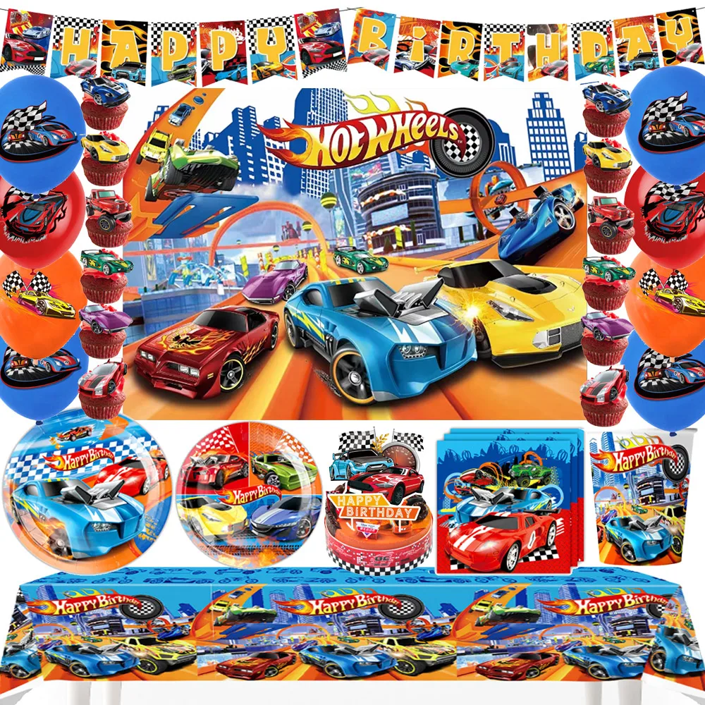 Hotting Wheels Theme Kids Birthday Party Disposable Tableware Racing Car Plate Blue Circle Balloon Vinyl Banner Baby Shower Gift