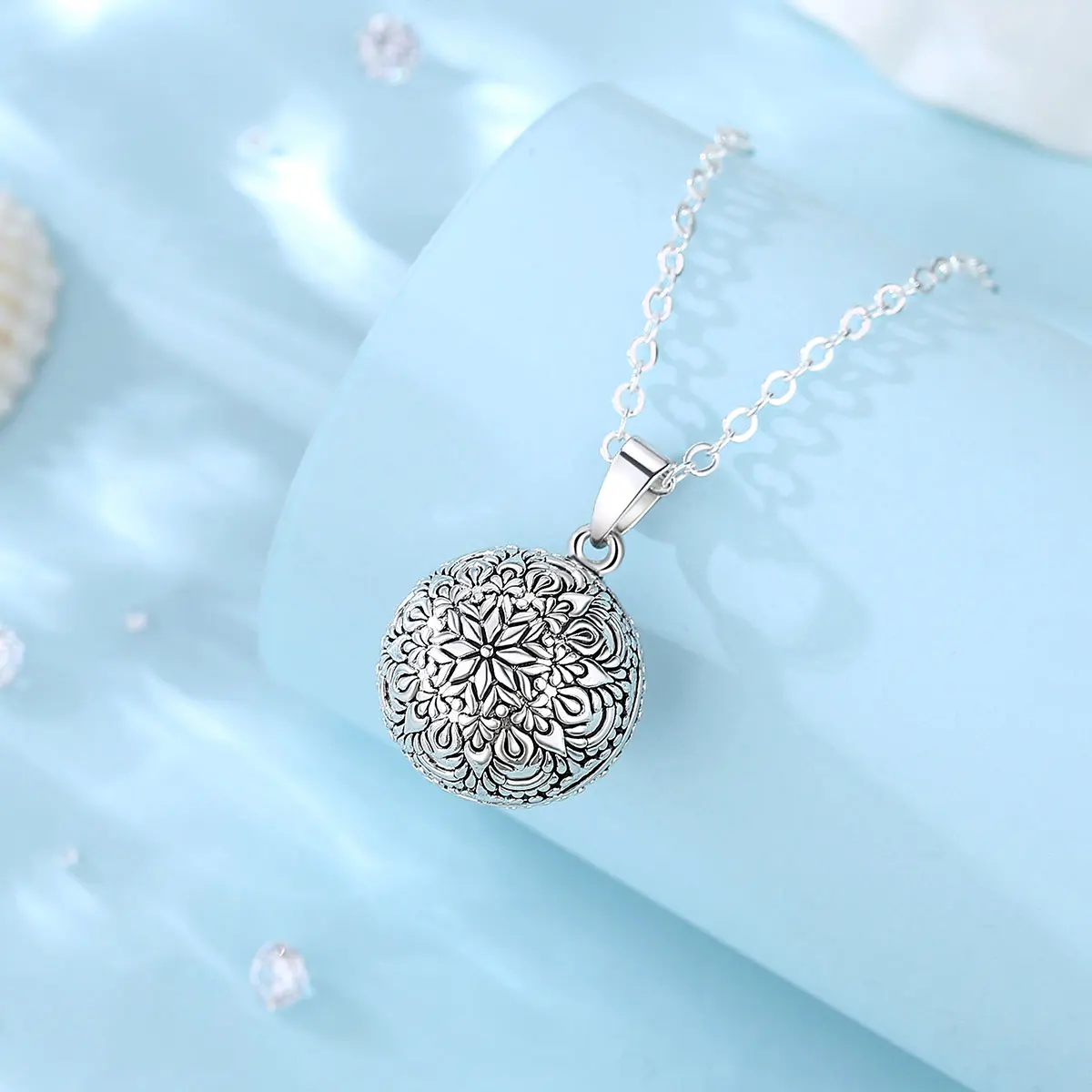 Eudora Harmony Pregnancy Ball Necklace Pregnancy Bola Ball Pendant with Flower of Life Luxury Vintage Jewelry for Pregnant Woman