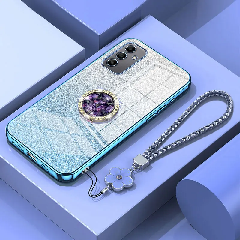 Funda con anillo y cordón de flores para Samsung M35 A05s 25 M55 A16, funda con soporte a prueba de golpes con purpurina ostentosa para GalaxyM35, funda para teléfono M 35