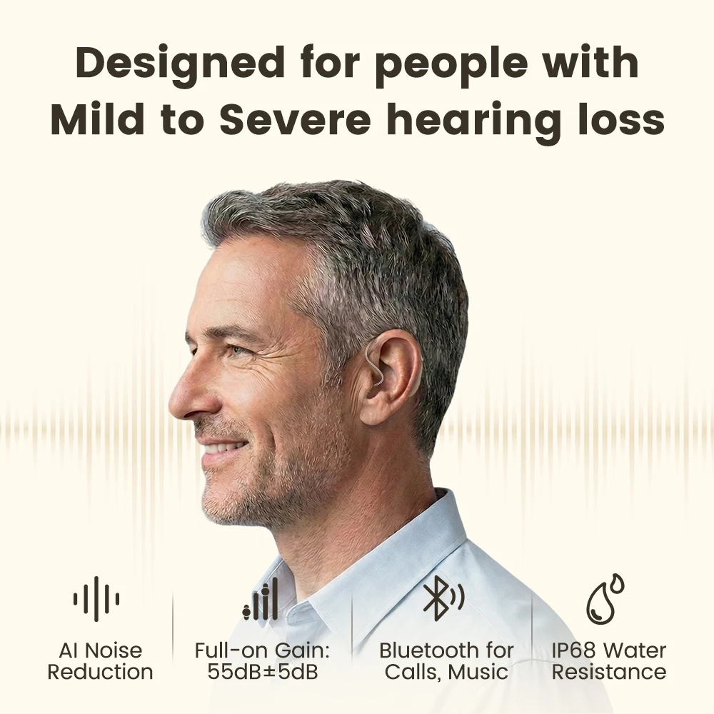 Bluetooth Left Ear RIC OTC Hearing Aid Rechargeable Digital Amplifier AI Noise Reduction 55dB Gain IP68 Water Resistance