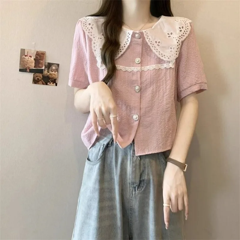 

Femme Summer Korean Fashion Button Solid Color Turn-down Collar Short Sleeve Women Clothing Simplicity Hollow Out Cotton Top Tee