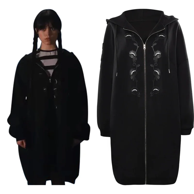 Wednesday Zipper Hoodie Addams Wednesday Cosplay Costume Long Coat Outfits Halloween Carnival Party Suit For Girls