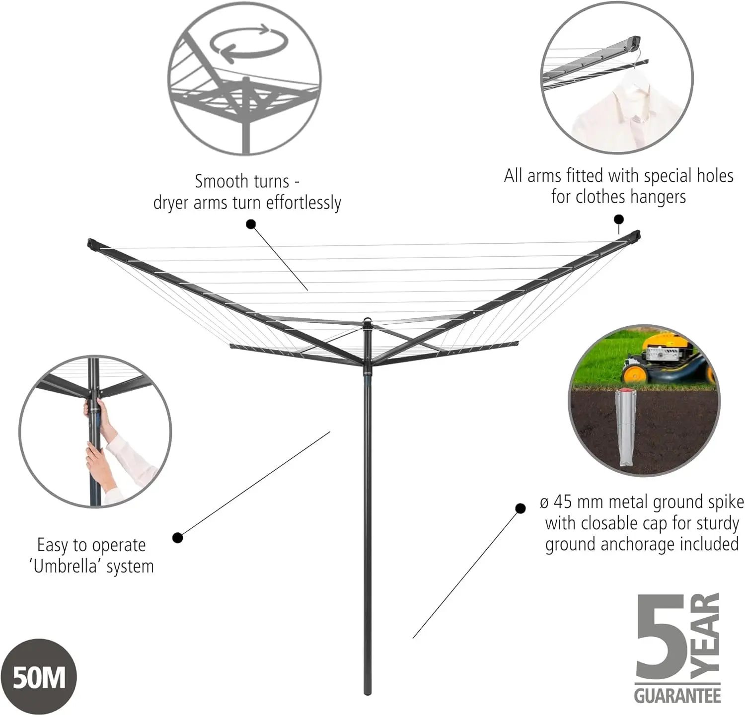 Brabantia Topspinner Outdoor 4 Arm Spinning Clothesline (164 Ft/Ø 1.8