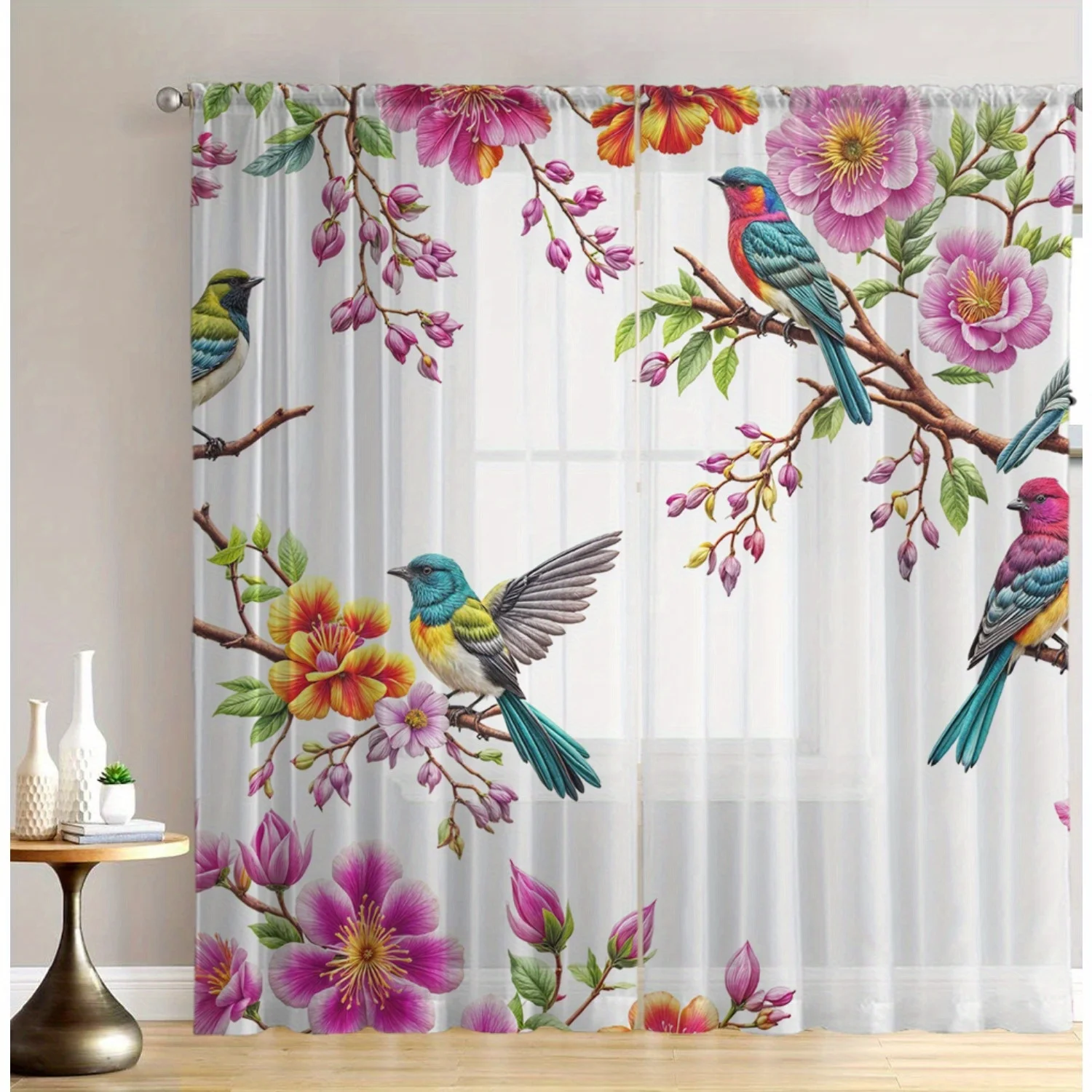 Colorful Birds on Floral Branches Sheer Curtains for Living Room Bedroom Light Filtering Drapes for Privacy and Fresh Home Decor