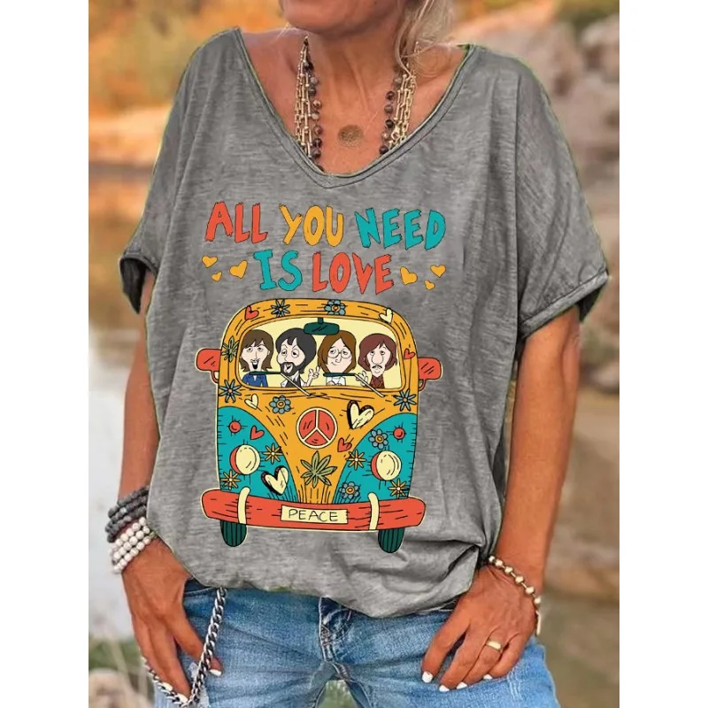 ilstile Damen-T-Shirts mit Hippie-Auto-Liebesbrief-Aufdruck, Sommer, kurzärmelig, lässig, lockerer V-Ausschnitt, Tops, T-Shirts, heißer Verkauf
