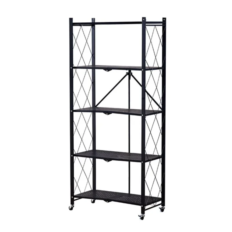Foldable storage rack, five layers, black color, steel pipe welding assembly. Suitable for storing miscellaneous items, books an