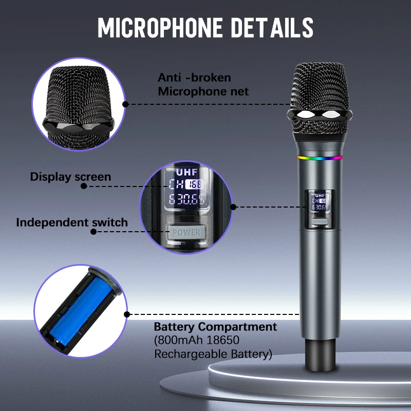 FUHAM ميكروفون لاسلكي 2-قناة RGB تأثير الضوء ميكروفون لاسلكي محمول نظام ميكروفون الكاريوكي مناسبة للحفلات