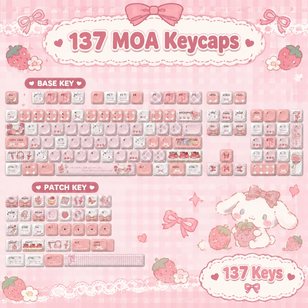 Glossy Cute Pink Keycaps,Custom MOA Profile Doubleshot PBT Key Caps Set for MX Switches Mechanical Keyboard 60% 75% 80% 100%