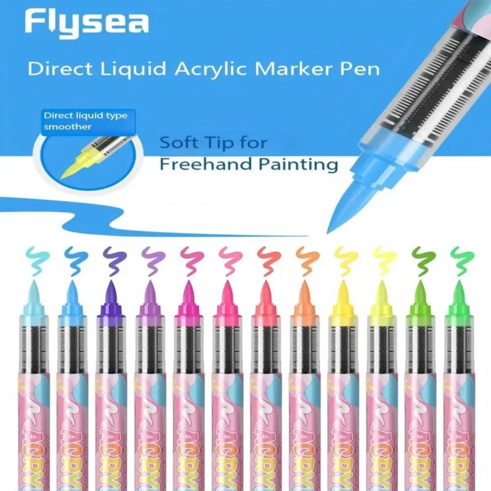 

12 Colors Acrylic Paint Markers Direct-Liquid Ink Soft Brush Tip Acrylic Marker Pen Drawing DIY Premium Highlight Marker Plastic