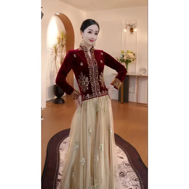 2025 mulheres dança topo manga longa bordado topo trajes tradicionais orientais dança indiana roupas de desempenho palco dql12069