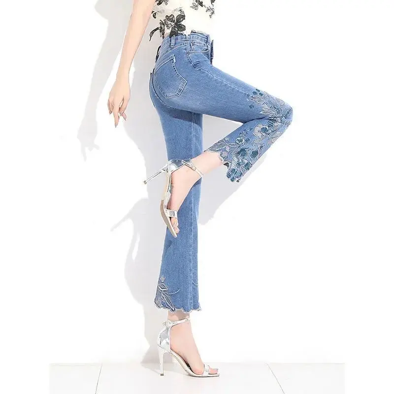 Women Vintage Embroidered Micro Flared Jeans Stretchy Slim Fit Ankle Length Denim Pants Casual Streetwear
