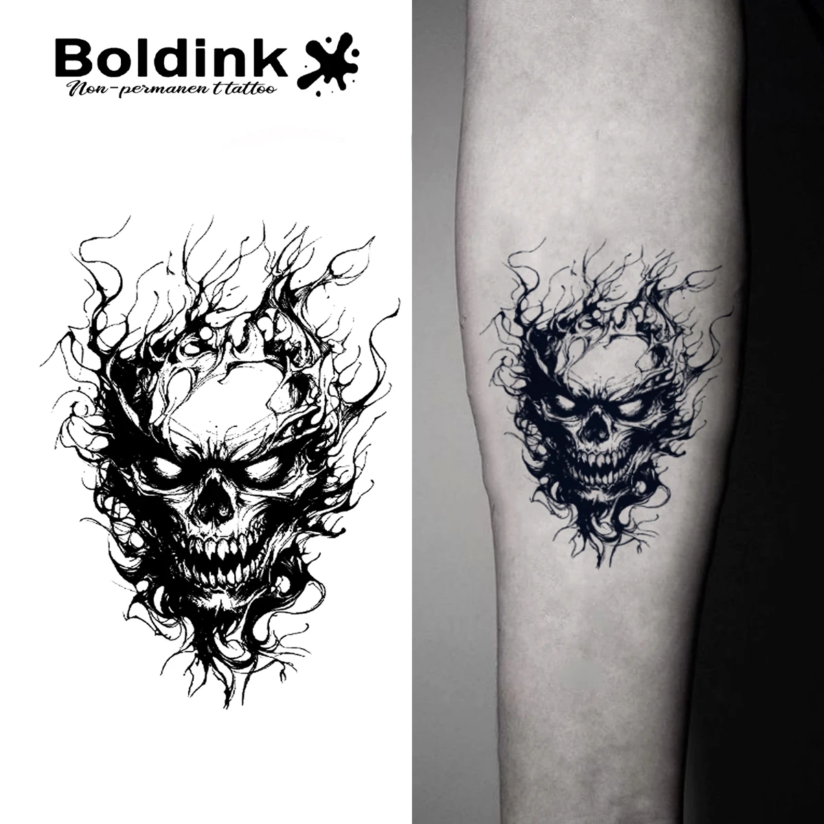 Boldink Flaming Skull Temporary Tattoo,Lasts To 15 Days New Technology Magic Waterproof Semi Permanent Sticker.