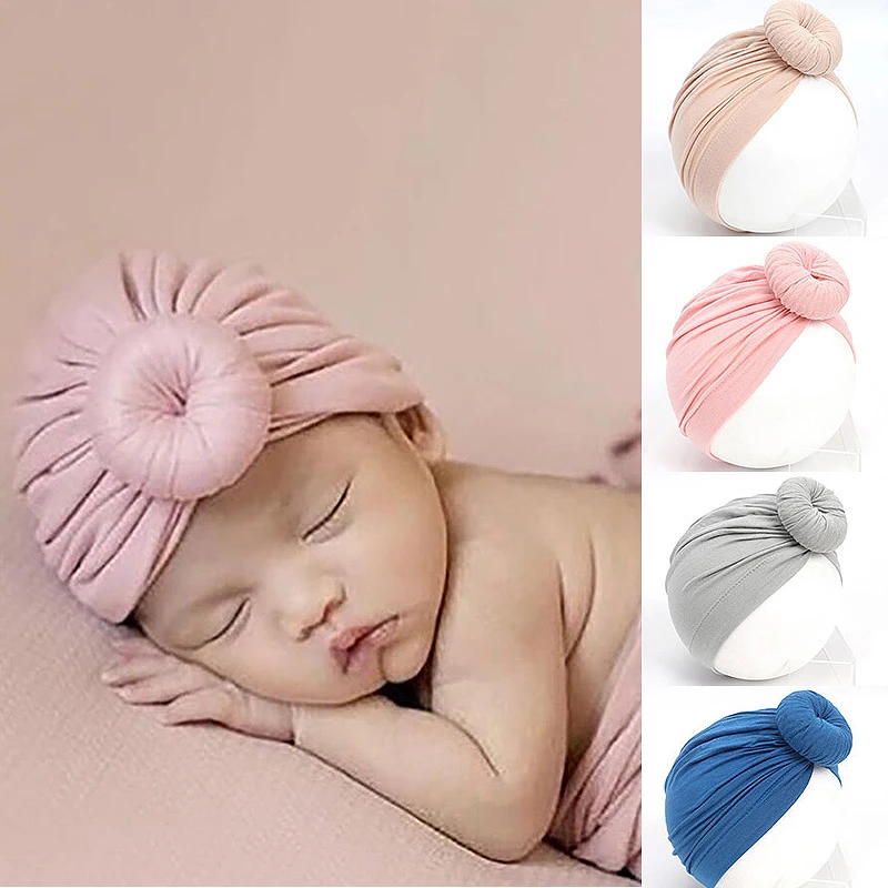Donut Knot Baby Turban Hat Soft Elastic Children Headwrap Beanies Solid Color Infants Turban Cap 0-3Year Kids Bandana Headband