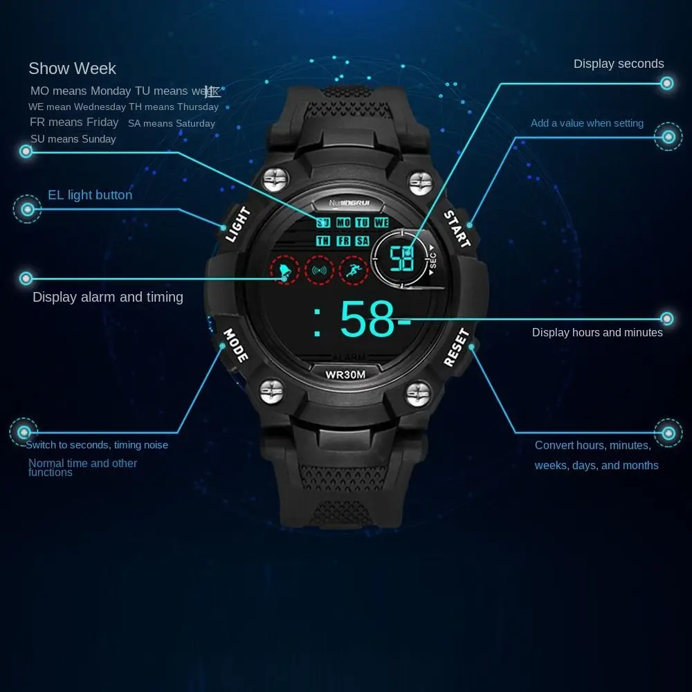 Fashion 30M Waterproof Electronic Watch Multifunctional Outdoor Sport Watches Alarm Clock Student