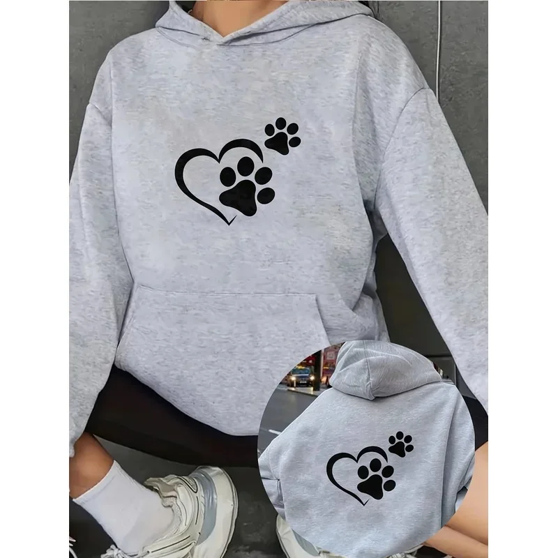 Women Hoodie Heart Paw Print Graphic Sweatshirt Front And Back Print Casual Long Sleeve Pullover With Loose Streetwear Hoodies