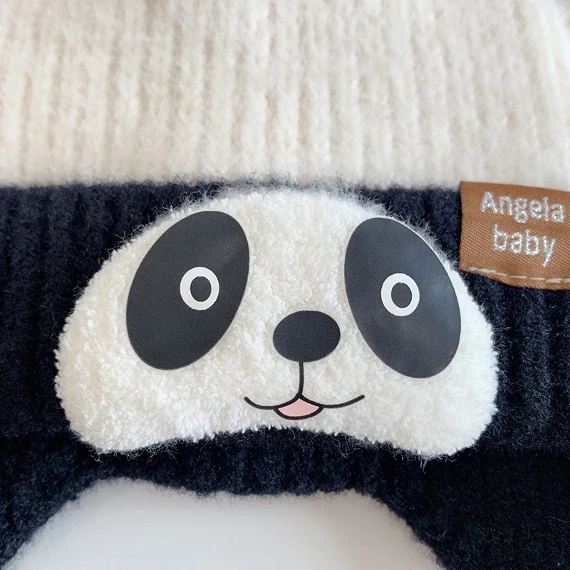 Topi Bayi Rajutan Panda Kartun Topi Balita Bayi Hangat Tebal Musim Dingin Topi Pelindung Telinga Anak Laki-laki Perempuan Lembut