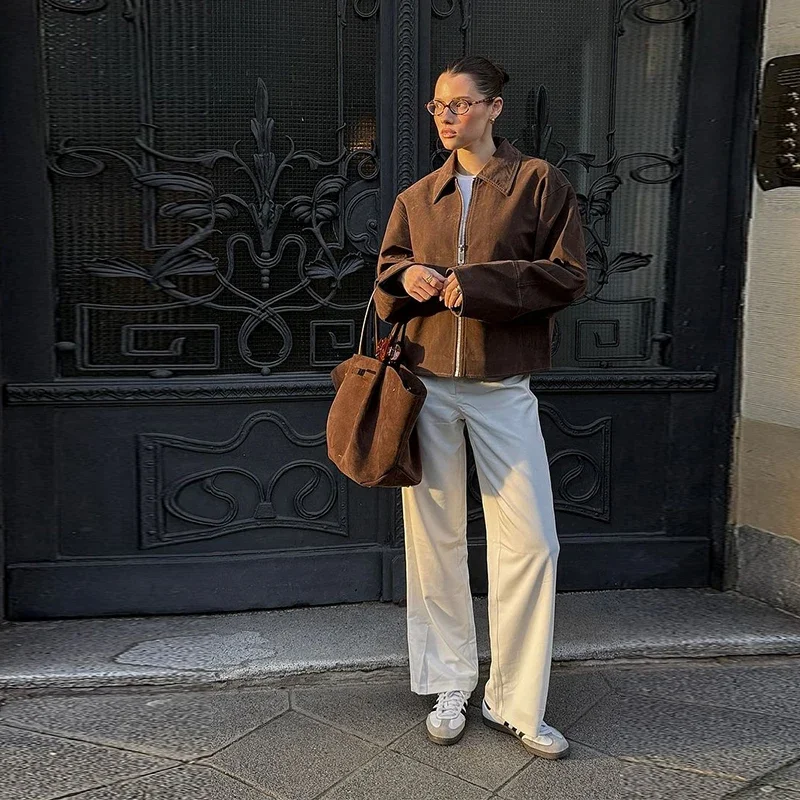 

Fashion Brown Suede Women's Jackets Turn-Down Collar Zipper Loose Lady Short Coats 2025 Autumn Female Street Office Outwear New