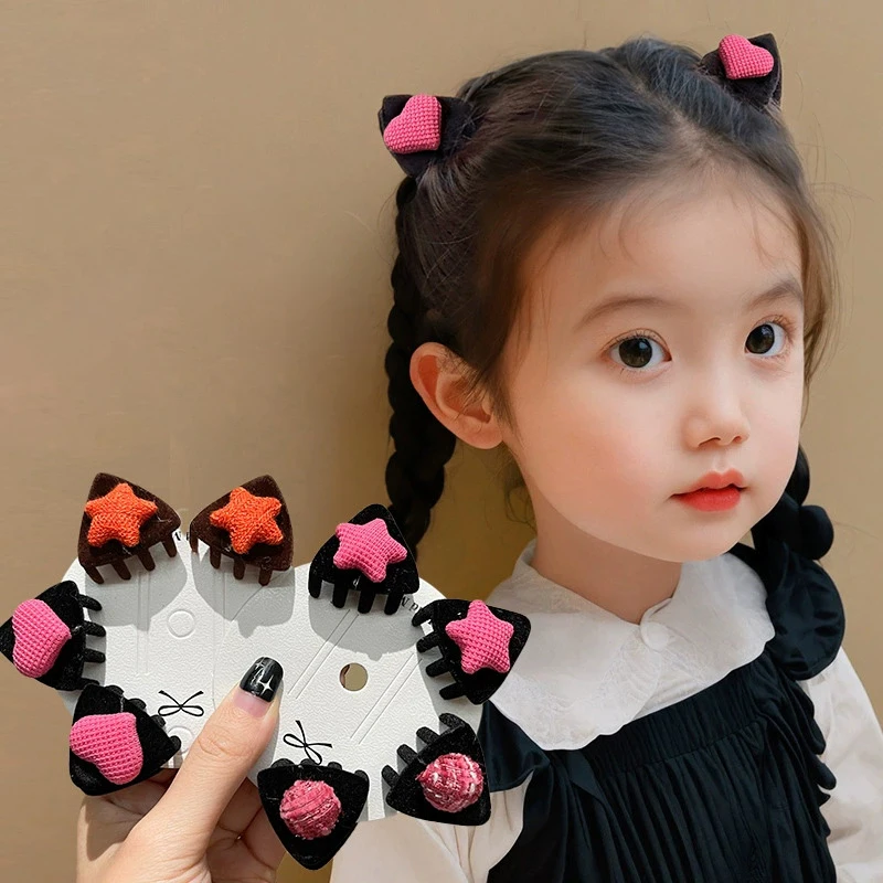 2pcs Girls Small Triangle Cute Cat Heart-Shaped Star Hair Clips Creaseless Styling Claw Clips for Children Hair Accessories Gift