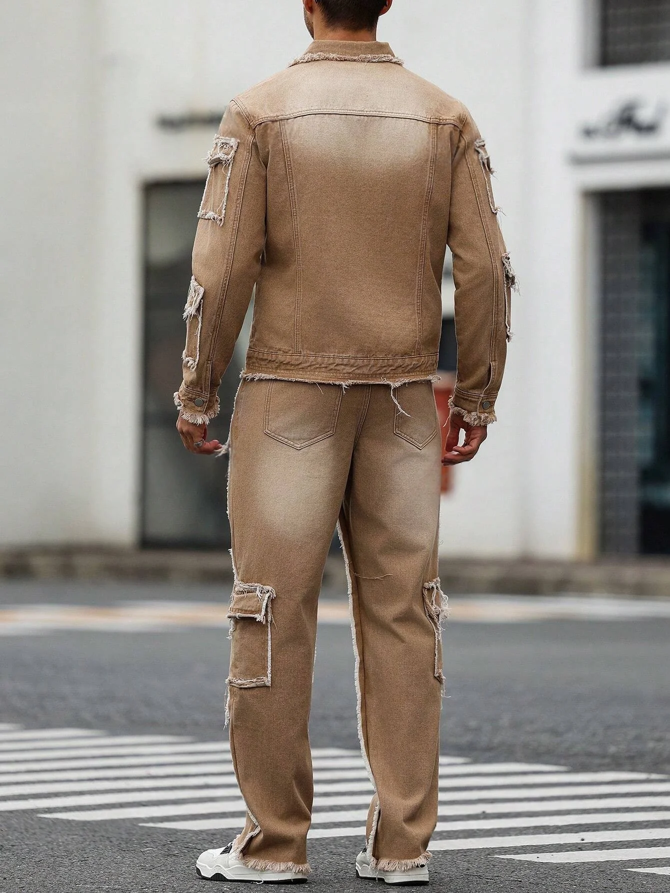 Men's Distressed Patchwork Denim Set - Khaki Washed Frayed Jacket & Wide Leg Jeans Streetwear