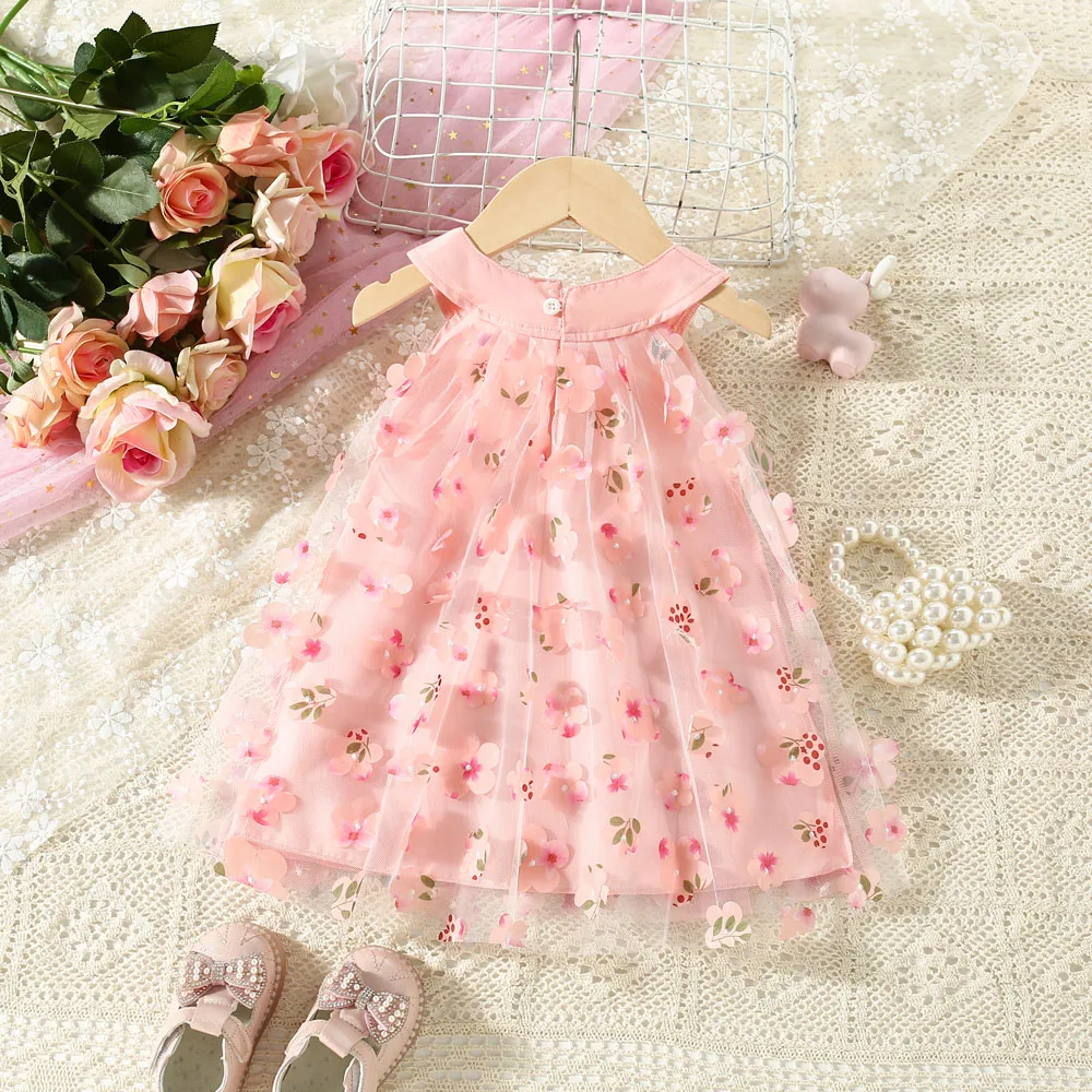 Summer New Girls Full Body Flower Sleeveless Mesh Skirt Baby Girl\'s Personalized Collar Bow Dress Suitable For Ages 0 To 3