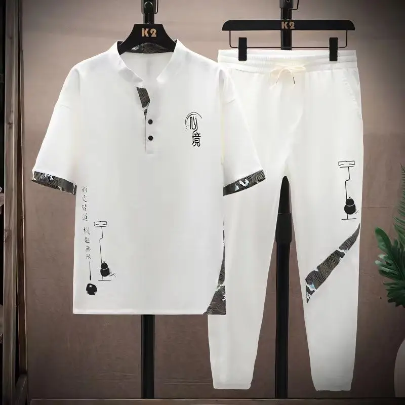 (Shirt + trousers)summer short sleeve mens shirt print pattern men\'s casual elastic waist shirts men Two-piece Suit size M-4XL