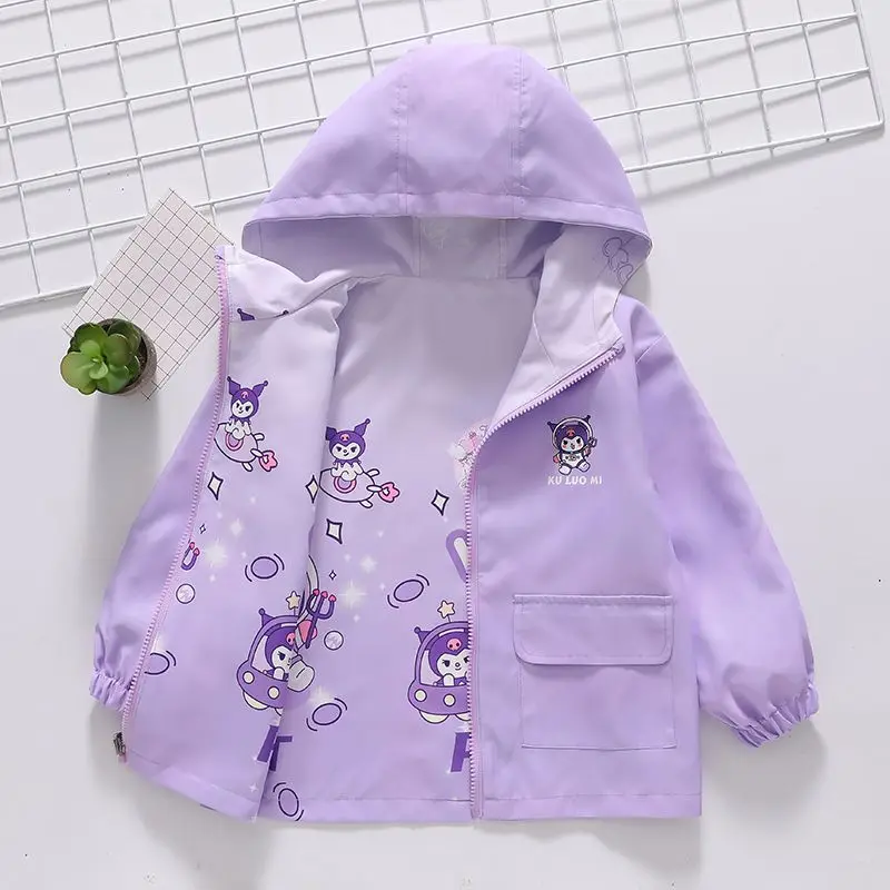 Sanrioed Kuromi Meisjes Jongens Jas Met Lange Mouwen Mode Windjas Waterdichte Kinderkleding Casual Jas Bloemenprint Hoodie Bovenkleding