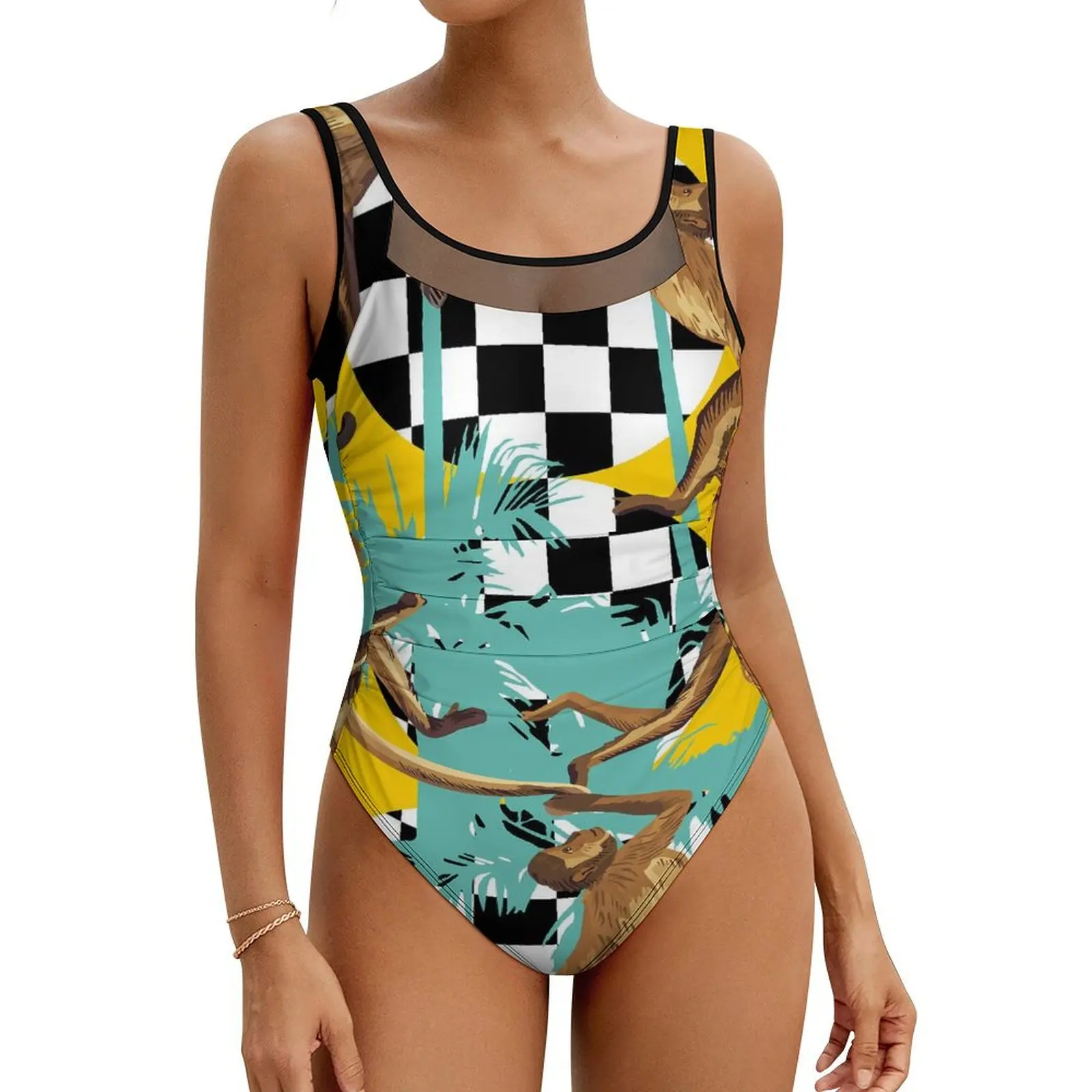 

Monkey Print Swimsuit Black White Check Push Up Swimwear One Piece Surfing Monokini Bodysuit Graphic Beach Outfits Plus Size