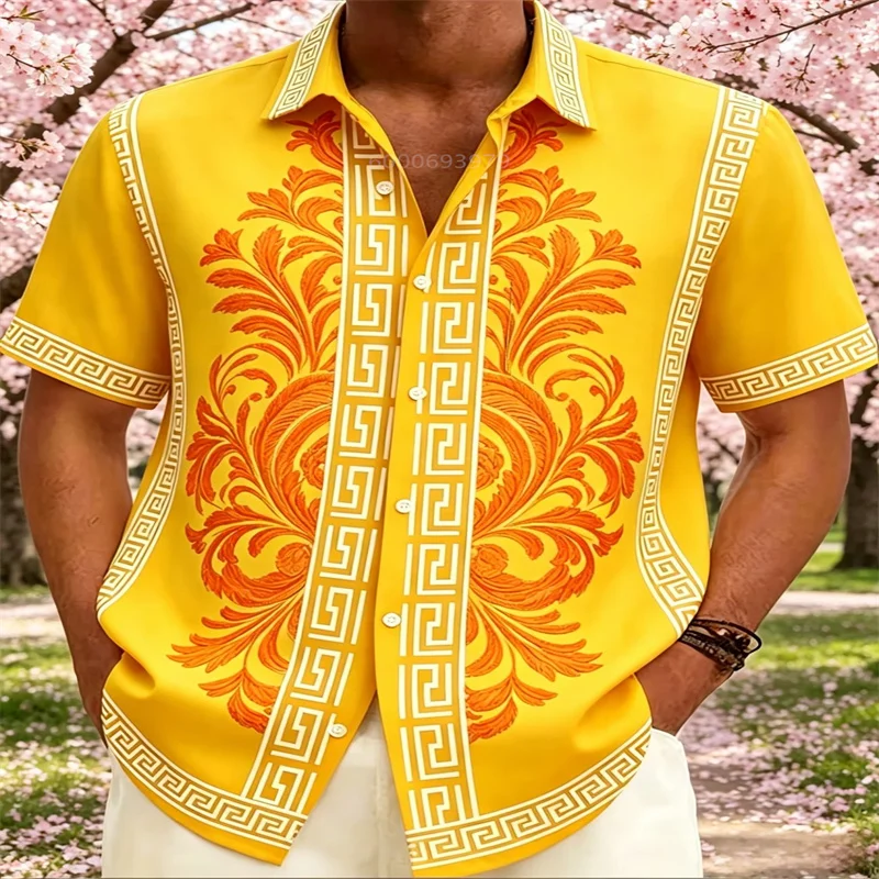 Men's Summer Short-Sleeve Shirt, Yellow, Retro Greek Fresco Baroque Floral Print, Turn-Down Collar, Button-Up Shirt
