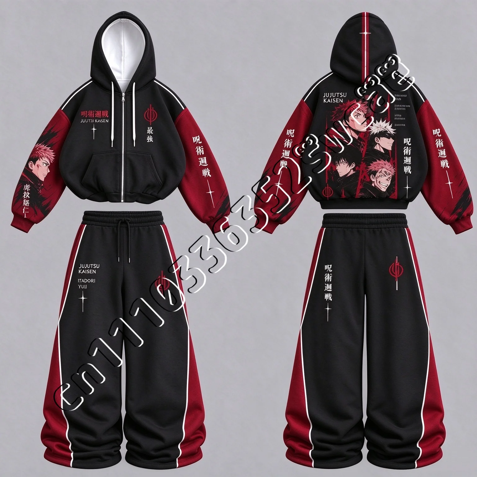 Jujutsu Kaisen Tracksuit, Autumn Winter Zip Up Hoodie + Wide Leg Pants Set, Unisex Anime Character Hooded Outfit FamilyMatching