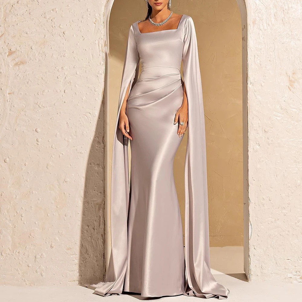 Customized Exquisite Satin Mermaid Evening Dress Square Neck Zipper Back Half Sleeves Floor Length Watteau Train Prom Gowns