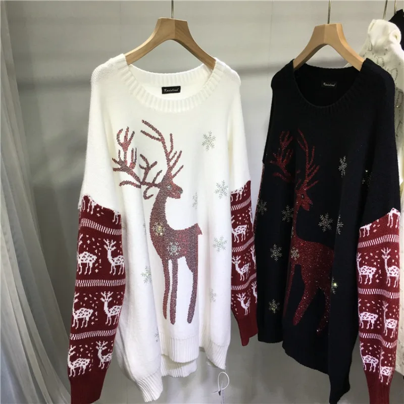 Heavy Embroidery Diamond Drills Sweater Christmas Deer New Year Sweater Top Winter Thick Warm Loose-Fitting Mid-Length Knitwear