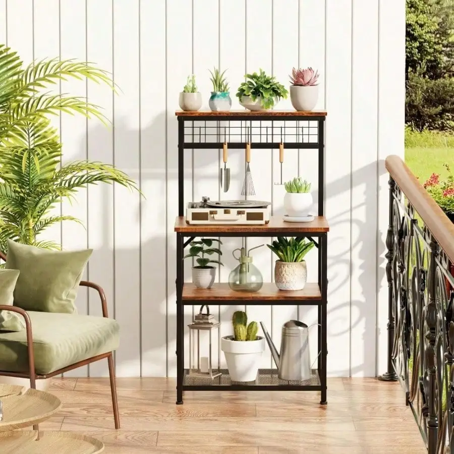 Kitchen Baker's Rack With Cabinet And Coffee Bar - 4-Tier Pot & Pan Shelf Featuring S-Hooks And Pegboard - Rustic Brown Spice Storage Workstation - Ideal For Small Spaces & Farmhouse-Style Storage