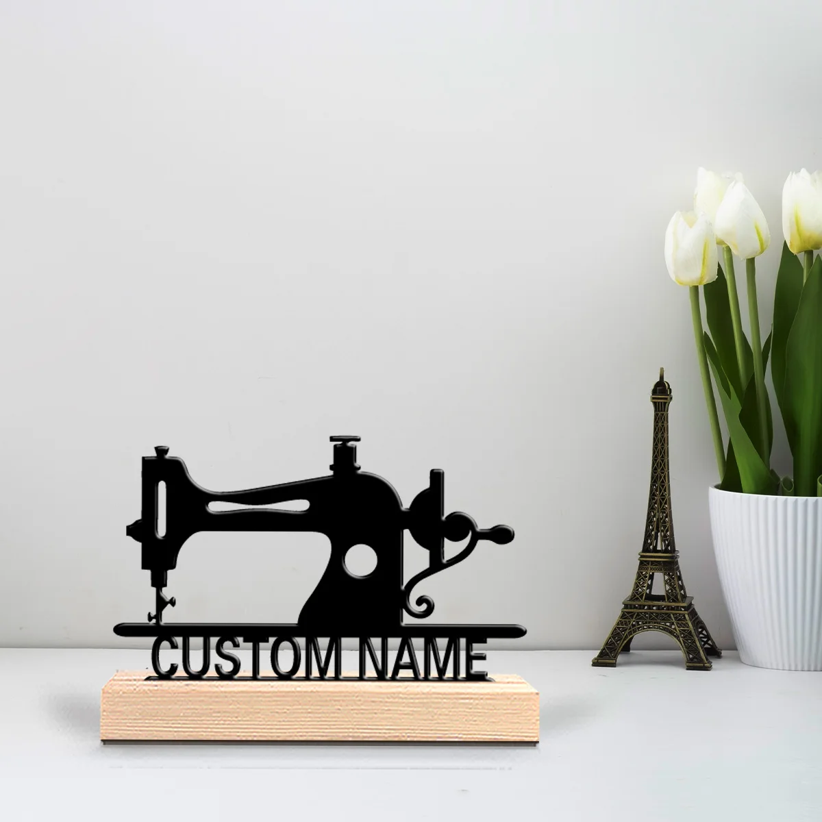 1pc Abstract Sewing machine Customizable Name Metal Statue Handicraft With Wood Base Iron Statue With Wood Base Bedroom Table