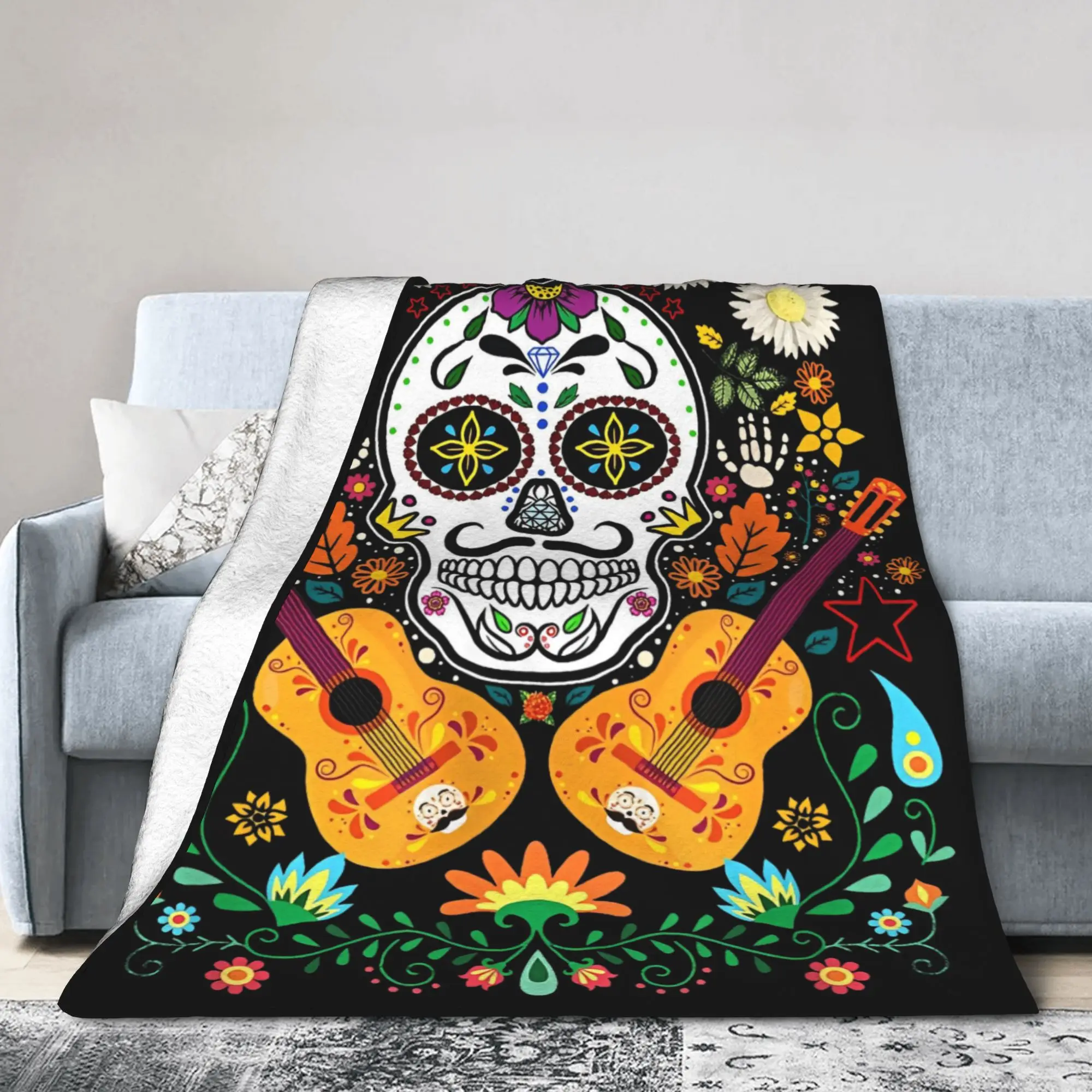 Flower Guitar Skull Day of the Dead Blanket Cover  Fuzzy Throw Blankets Summer Air Conditioning Decoration Lightweight Bedspread
