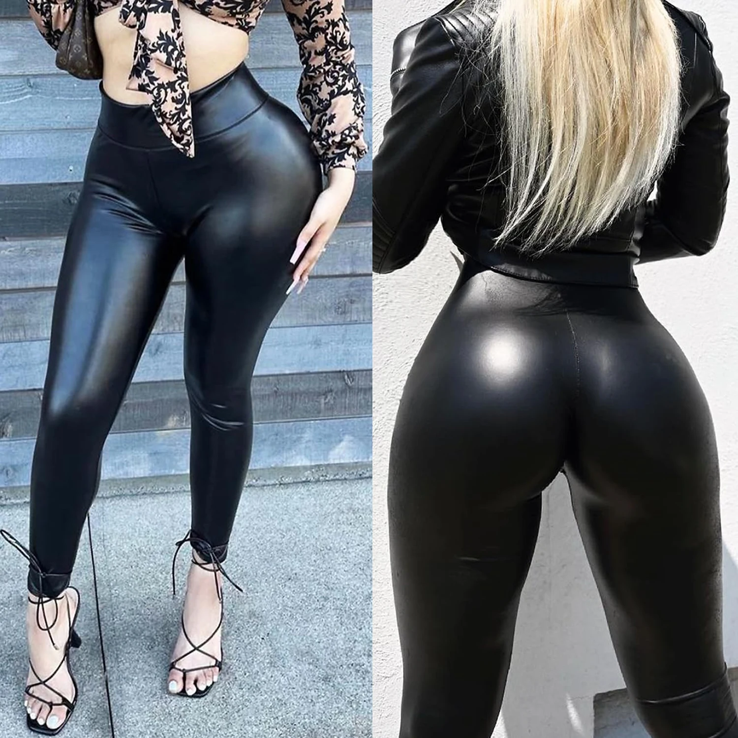 Women PU Leather Leggings Black Pockets Leather Pencil Pants Women High Waist Sexy Skinny Yoga Pant Thin Fleece Leather Trousers