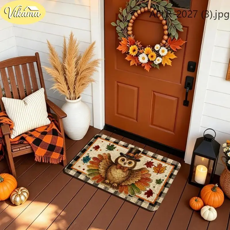 VIKAMA Thanksgiving Doormat, Cute Owl Turkey Rug, Soft Non-Slip Welcome Mat, Fall Holiday Entryway Door Mat for Home Party Decor