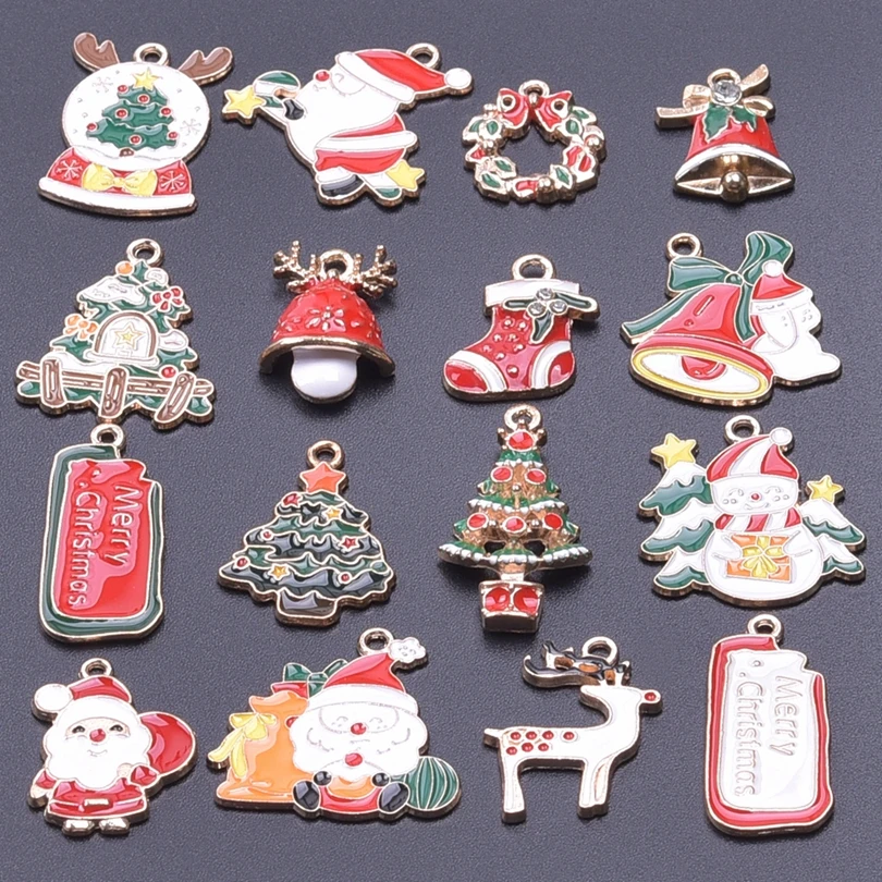 

16pcs/Lot Mixed Colorful Christmas Series Alloy Dripping Oil Charms Pendants Earring Cute Jewelry Handmade Necklace Accessories