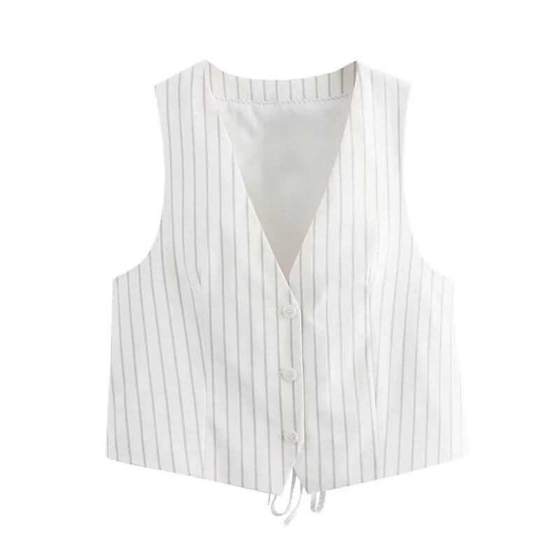 Slimming Versatile Striped Svel V-Ne Vest New Arrival Women's Faion 2024 Autumn Season All-Match Single Button Closure