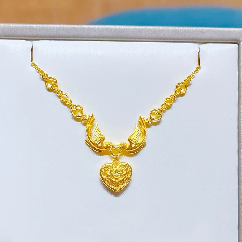 Fashion 14 K Gold Color Inlaid Diamond Love Magpie Pendant Necklace for Women Bride Girl Fine Jewelry Chain Bracelet Gifts