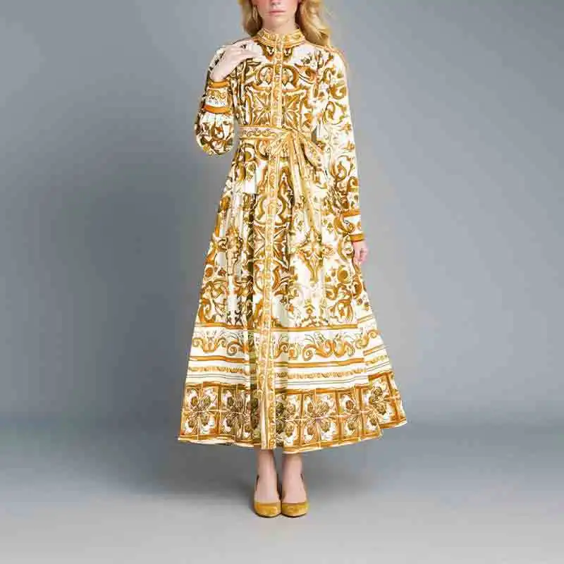 

2025 Spring New Amazon Women's Clothing Temperament Elegant Fashion Printed Lace-up Big Pendulum Long Dress