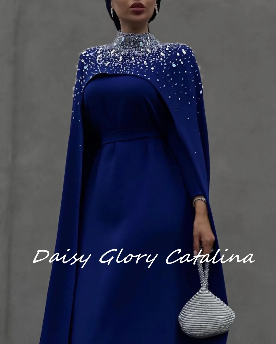 Blue Crystal Evening Dresses Elegant Women Wear Prom Dress Handmade Beaded Wraps Long Sleeves Saudi Arabia Wedding Party Dresses