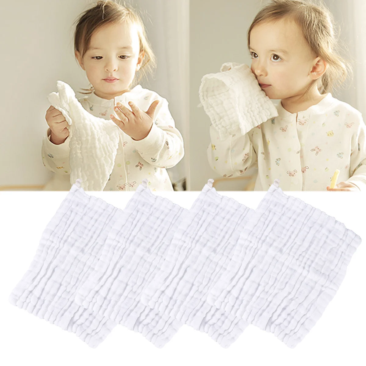 4개입 6겹 순면 거즈 트림 천, 매우 부드럽고 흡수력 좋으며 빠르게 건조되는 세탁된 아기 세면타월 (신생아용)