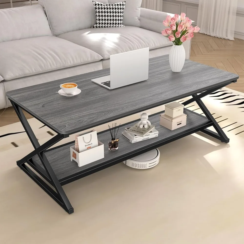 

Coffee Table with Storage Shelf and Round Corner, Modern Industrial Wooden Metal Center Table for Living Room, Farmhouse Minimal