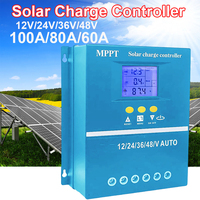 100A/80A/60A MPPT/PWM Solar Charge Controller 12V/24V/36V/48V Auto Controller Tools Solar PV Battery Charger with LCD & Dual USB