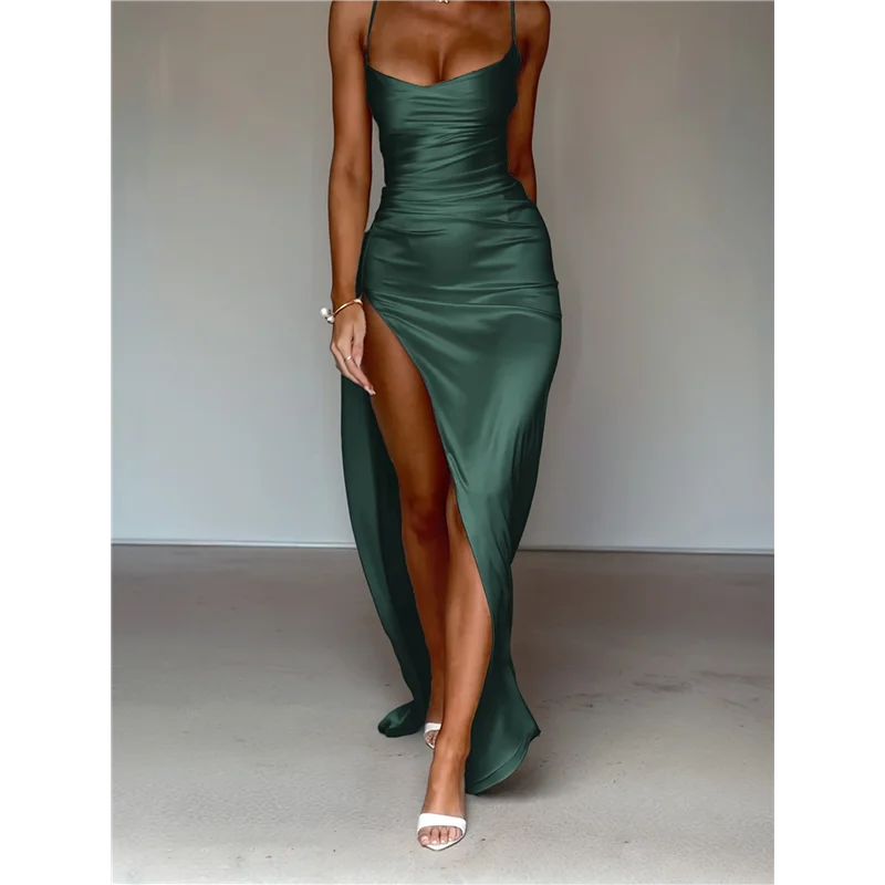 ABRT-Women's Ruffled Satin Spaghetti Strap Ball Gown Bridesmaid Dress Long