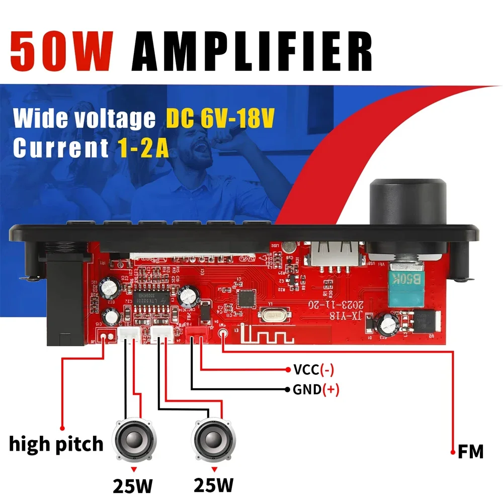 KEBIDU 50W Amplifier DC 12V MP3 Decoding Board Wireless DIY Car MP3 Player Module 6.5mm Mic Knob Volume USB FM Radio For Speaker